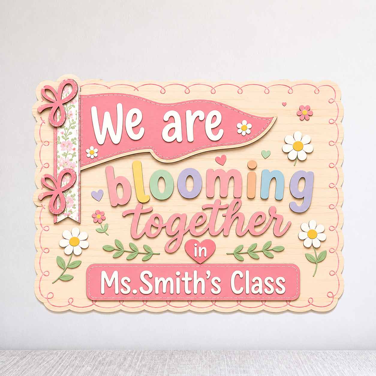 Personalized Teacher Name Wooden Sign Door Hanger We Are Blooming Together In Class  Wooden Classroom Decor, Back to School Sign
