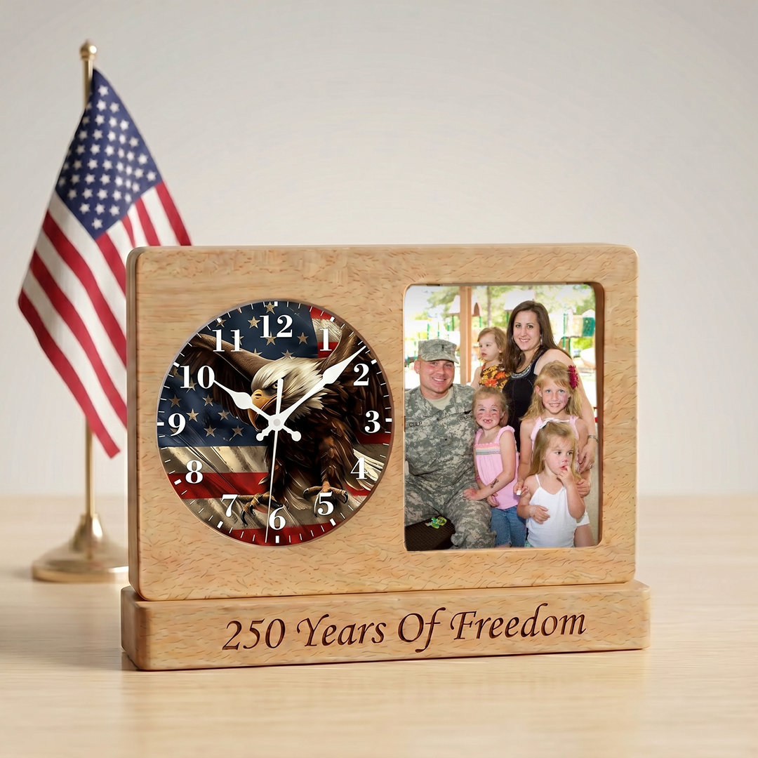 Personalized 250 Years Of Freedom Wooden Clock Frame Custom Family Photo Gift
