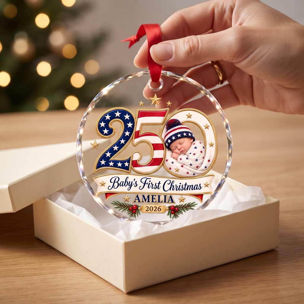 Baby's First Christmas 250 Custom Name Date Newborn America's 250th Round Glass Ornament