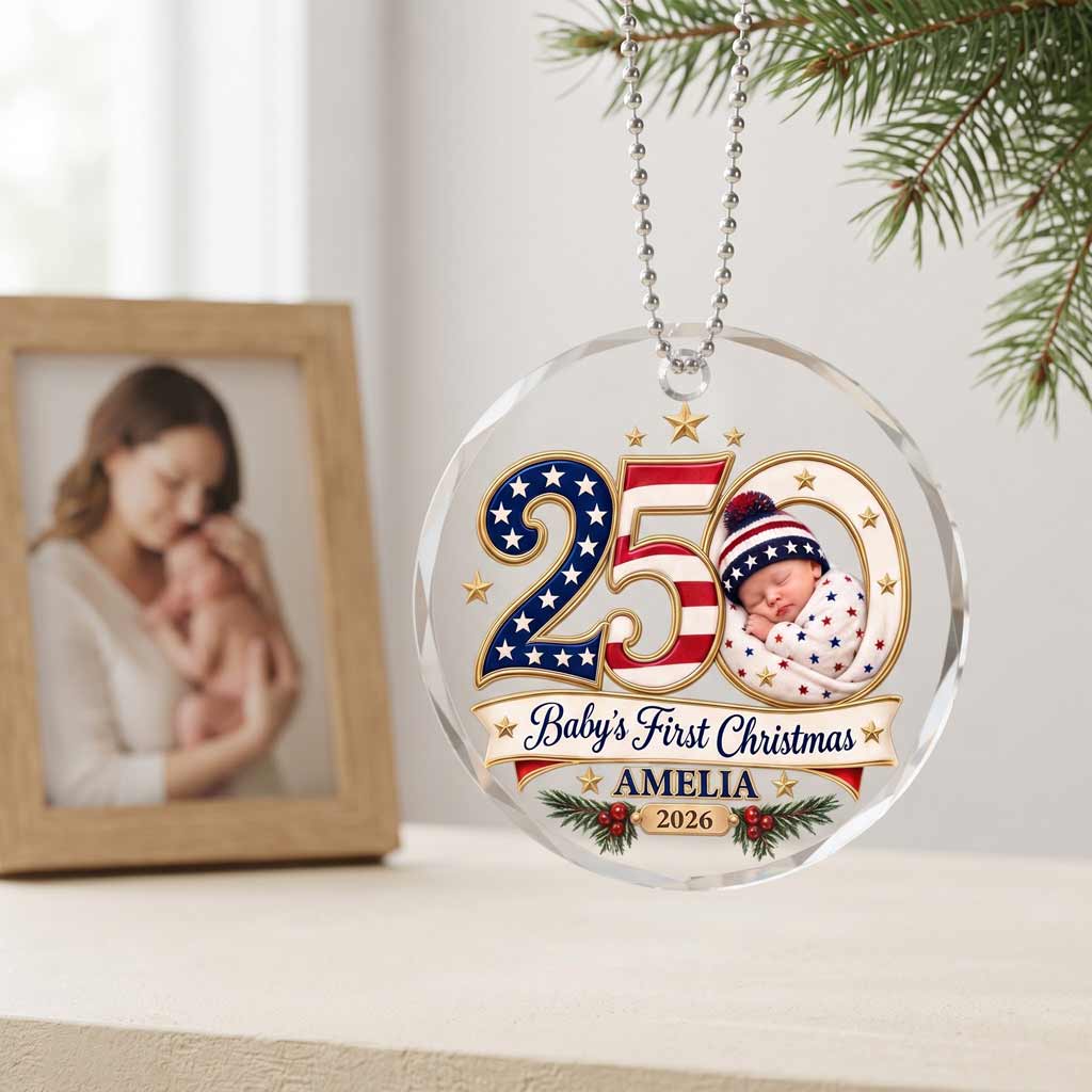 Baby's First Christmas 250 Custom Name Date Newborn America's 250th Round Glass Ornament
