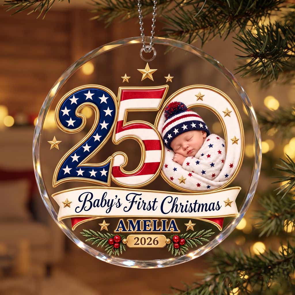 Baby's First Christmas 250 Custom Name Date Newborn America's 250th Round Glass Ornament