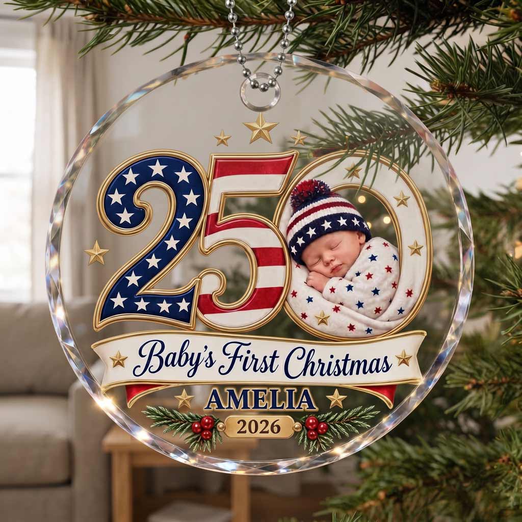 Baby's First Christmas 250 Custom Name Date Newborn America's 250th Round Glass Ornament