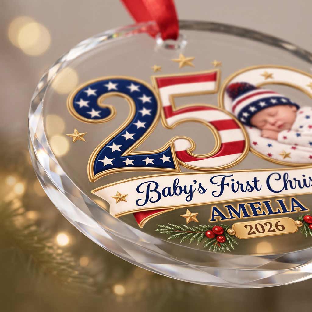 Baby's First Christmas 250 Custom Name Date Newborn America's 250th Round Glass Ornament