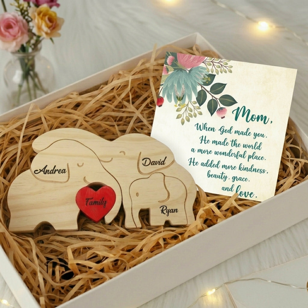 Personalized Elephant 3 Pieces Family Edition Custom Wooden Puzzle