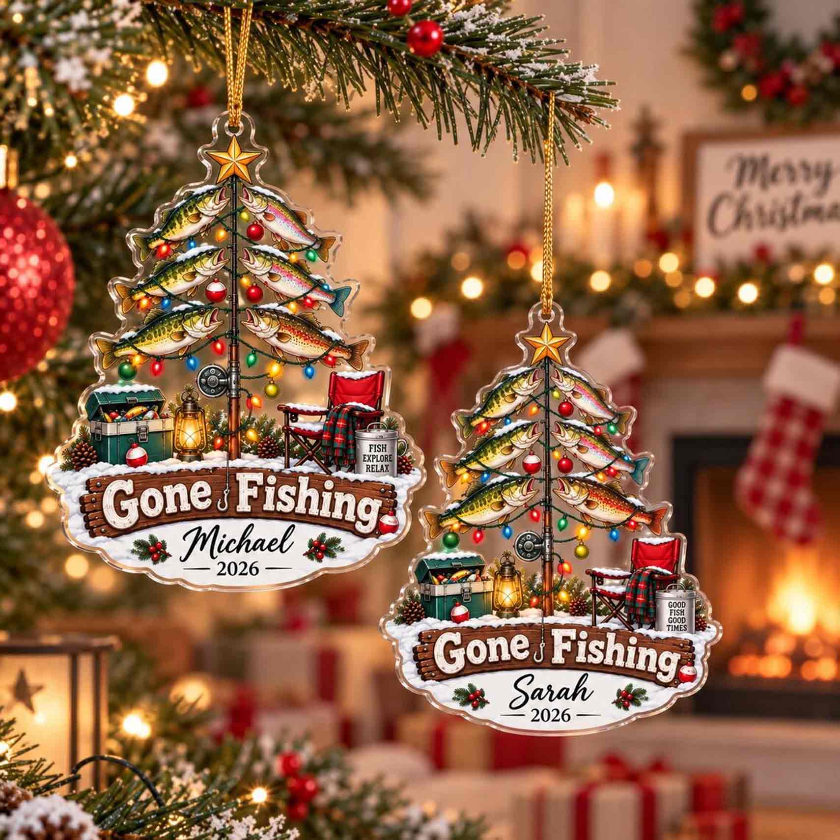 Gone Fishing Christmas Tree Custom Name Date Fishing Acrylic Ornament