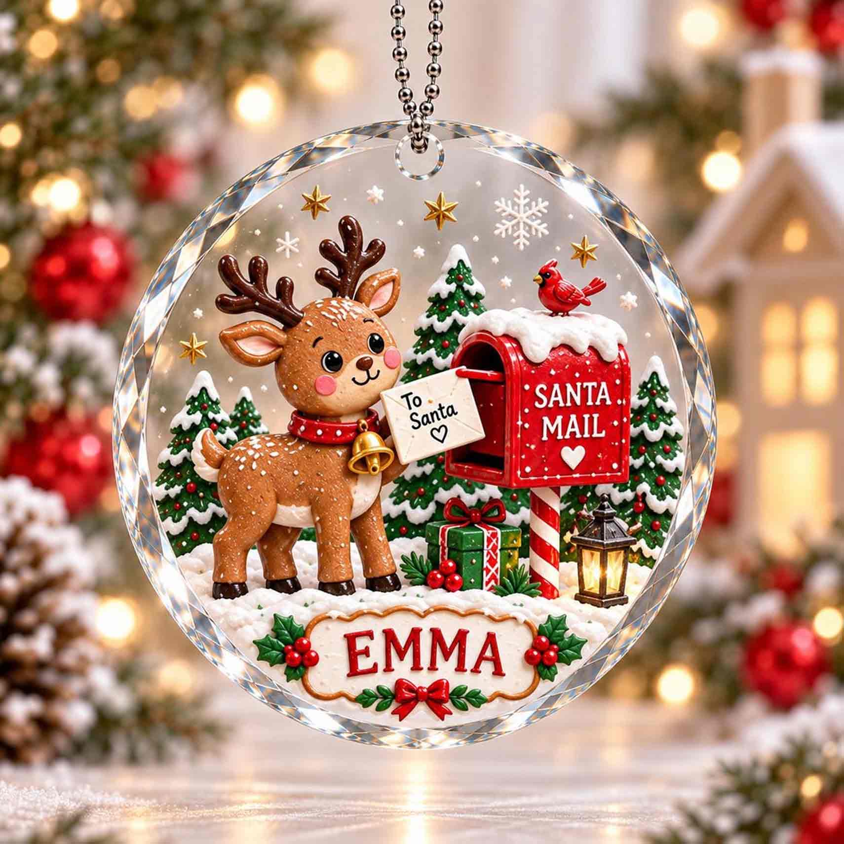 Santa Mail Reindeer Christmas Custom Name Round Glass Ornament