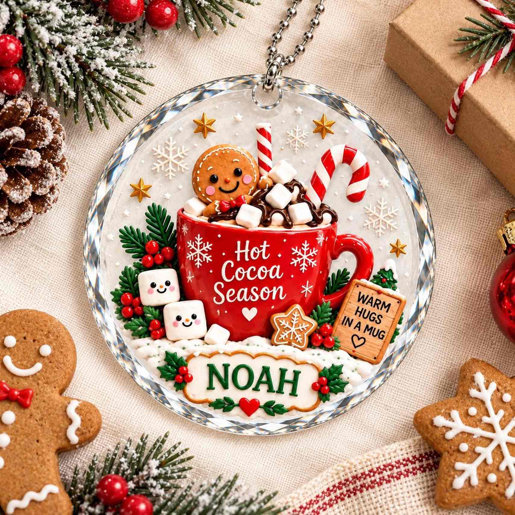 Hot Cocoa Season Gingerbread Custom Name Round Glass Ornament