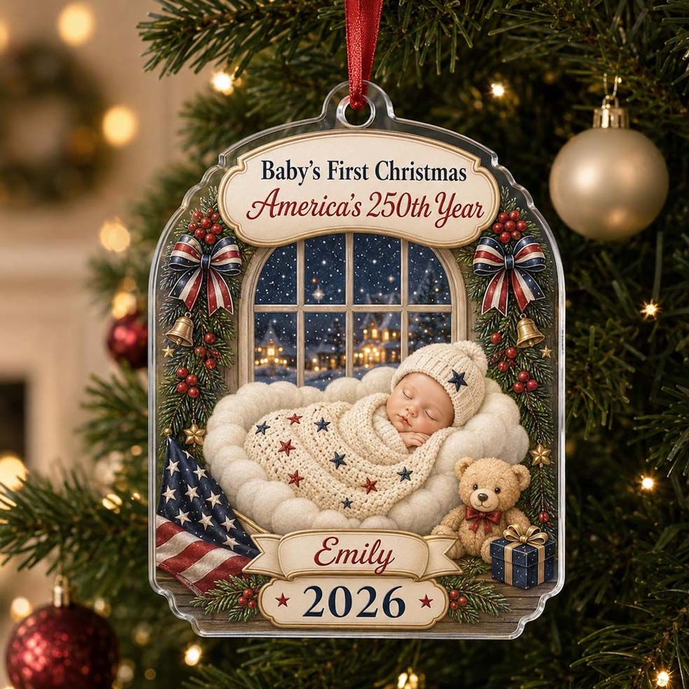 Winter Window Sleeping Baby America's 250th Year Custom Name Baby's First Christmas Acrylic Christmas Ornament Baby Christmas Keepsake Gift
