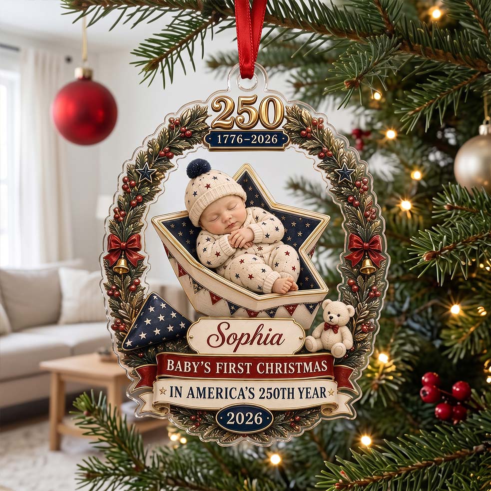 Star Cradle Baby America's 250th Year Custom Name Baby's First Christmas Acrylic Christmas Ornament Patriotic