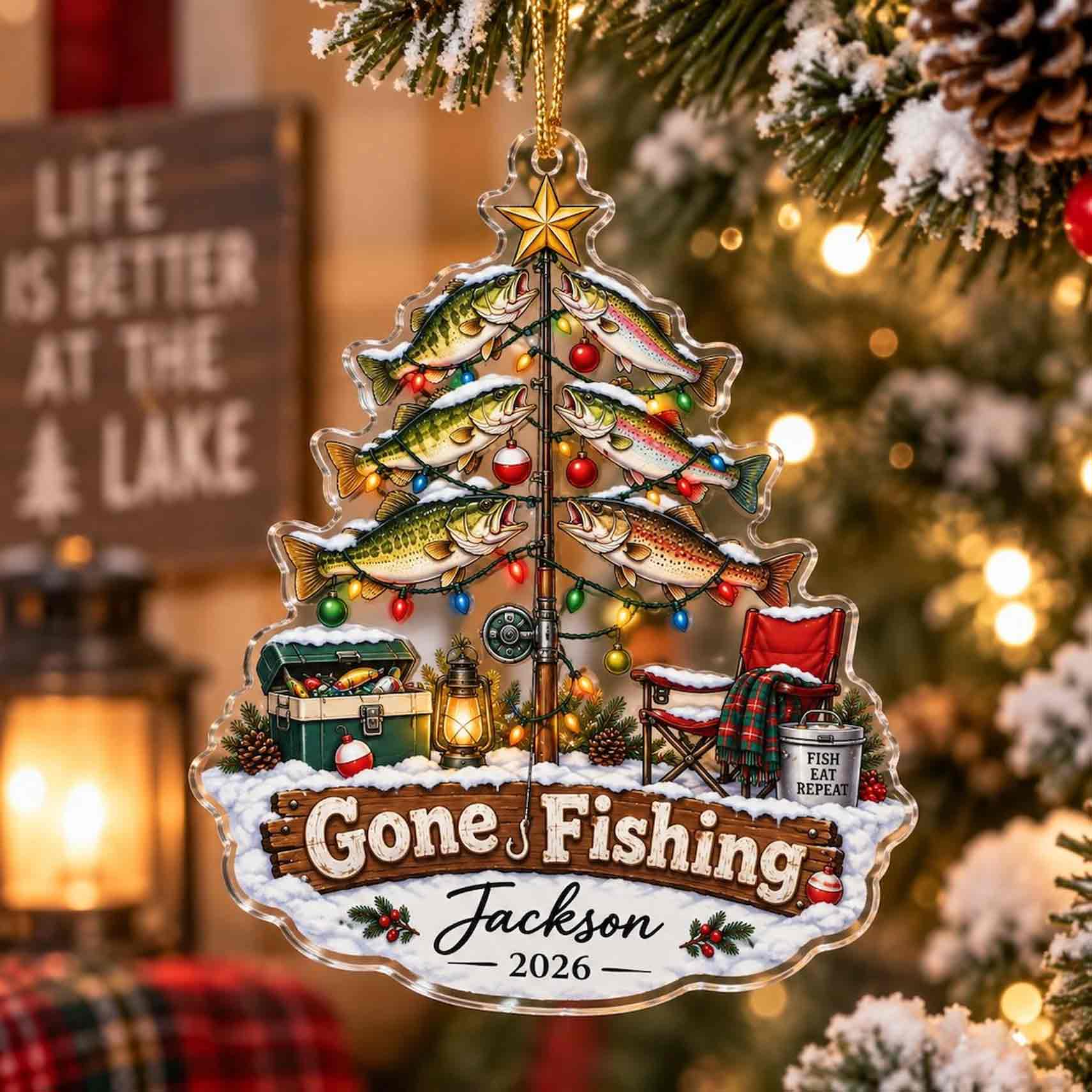 Gone Fishing Christmas Tree Custom Name Date Fishing Acrylic Ornament