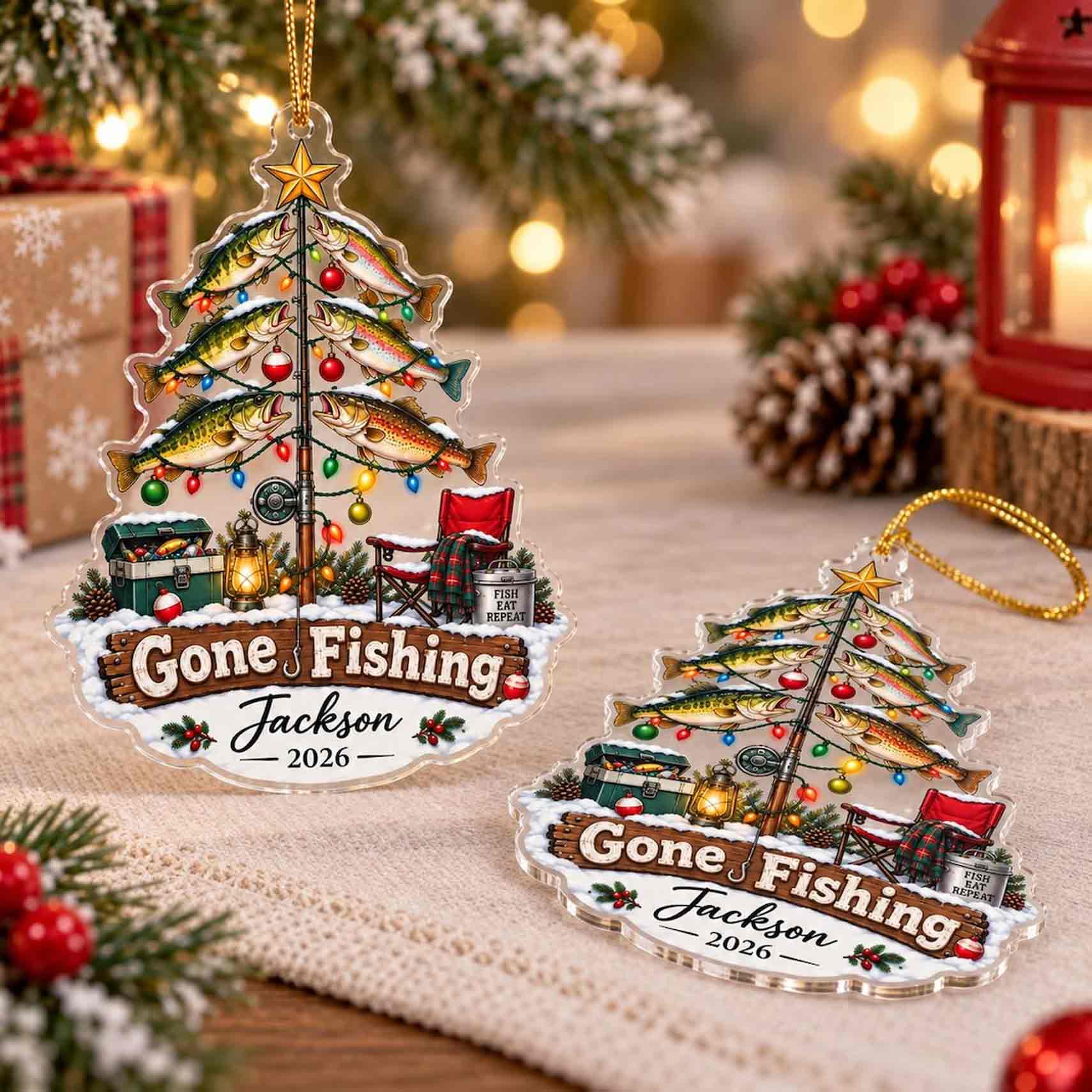Gone Fishing Christmas Tree Custom Name Date Fishing Acrylic Ornament
