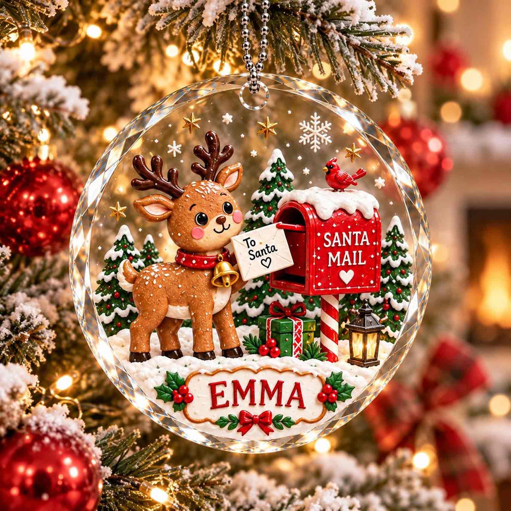 Santa Mail Reindeer Christmas Custom Name Round Glass Ornament