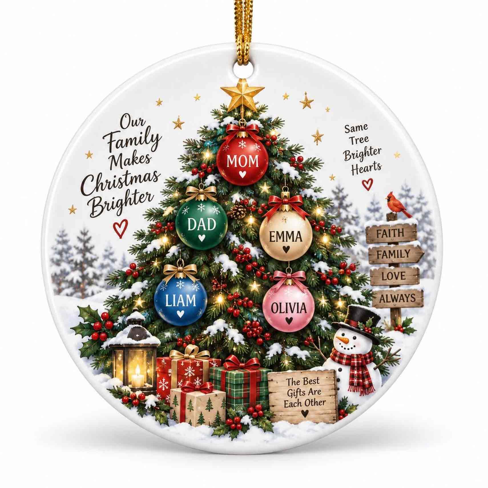 Our Family Makes Christmas Brighter Custom Name Family Ceramic Round Ornament
