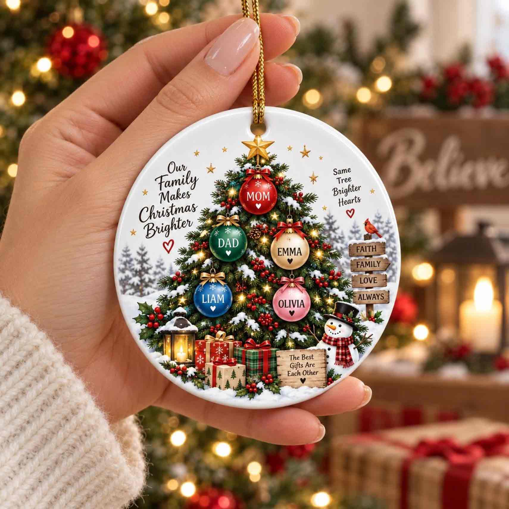 Our Family Makes Christmas Brighter Custom Name Family Ceramic Round Ornament