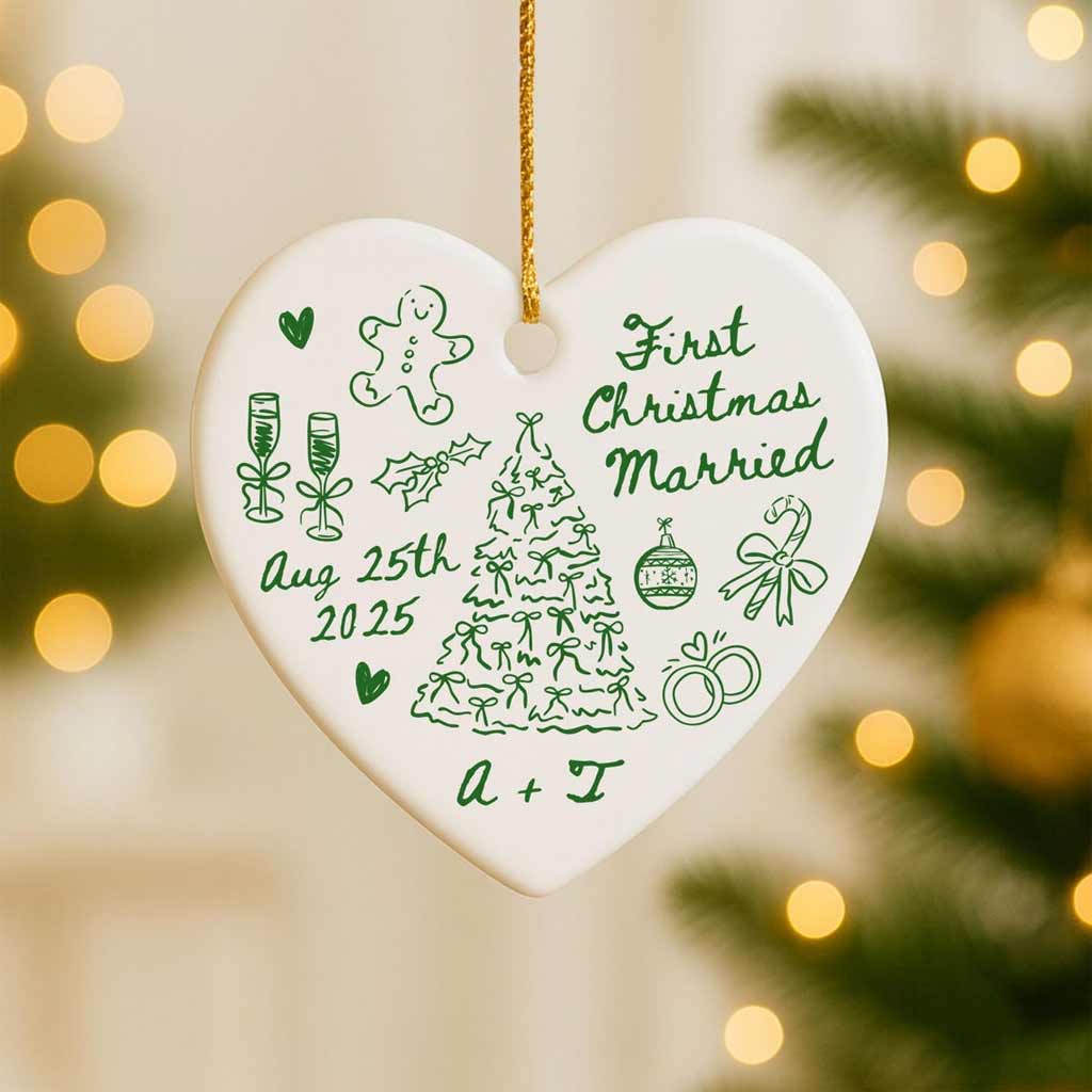 First Christmas Married Wedding Doodle Custom Name Date Couple Newlywed Heart Glass Ornament