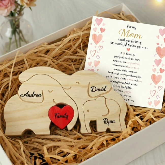 Personalized Elephant 3 Pieces Family Edition Custom Wooden Puzzle