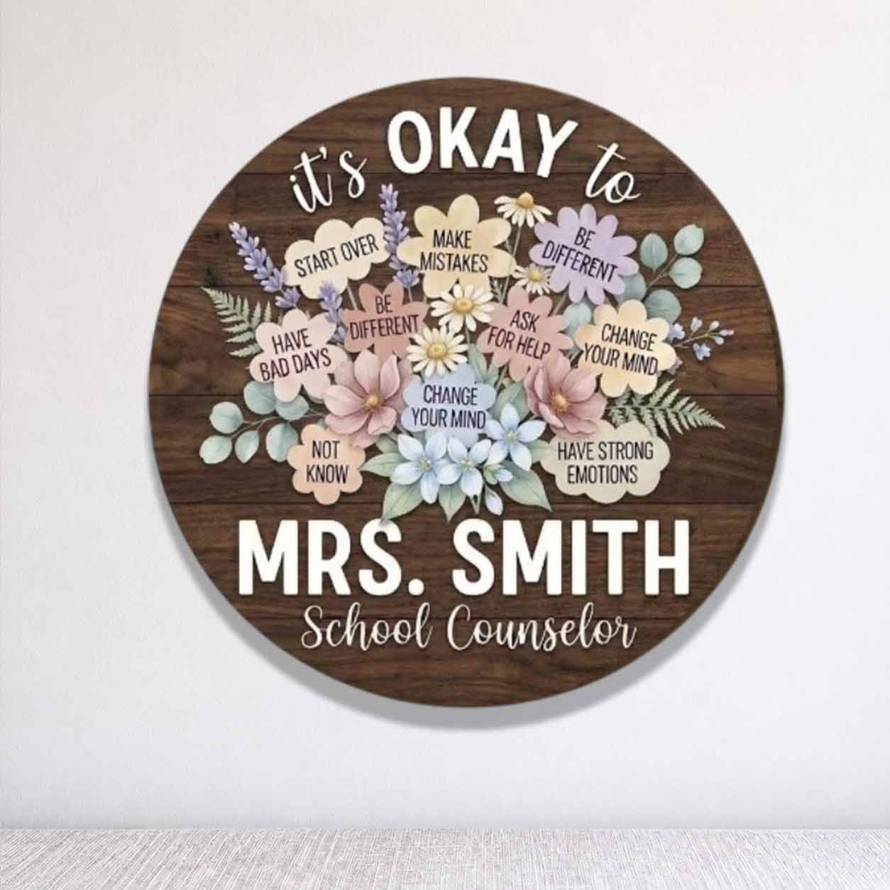 Personalized Teacher Name Wooden Sign Door Hanger Flowers School Counselor Sign Wooden Classroom Decor, Back to School Sign
