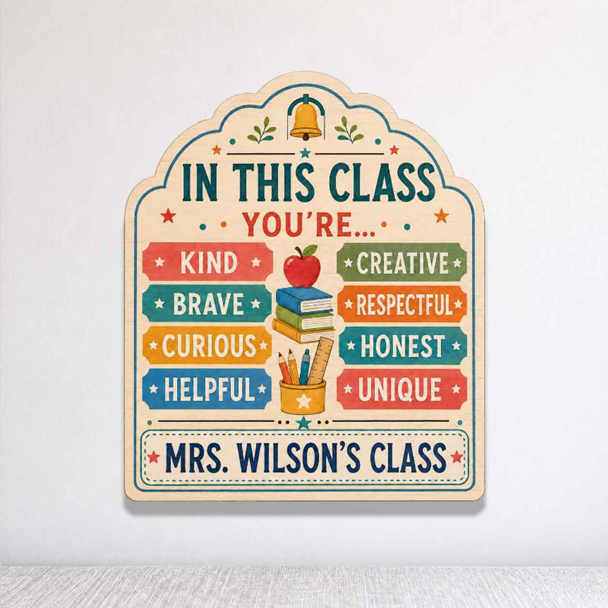 Personalized Teacher Name Wooden Sign Door Hanger Classroom Golden Rule Wooden Classroom Decor, Back to School Sign